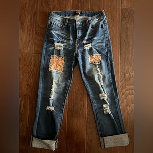 Lightly distressed relaxed fit BOYFRIEND jeans with rose gold sparkle patches